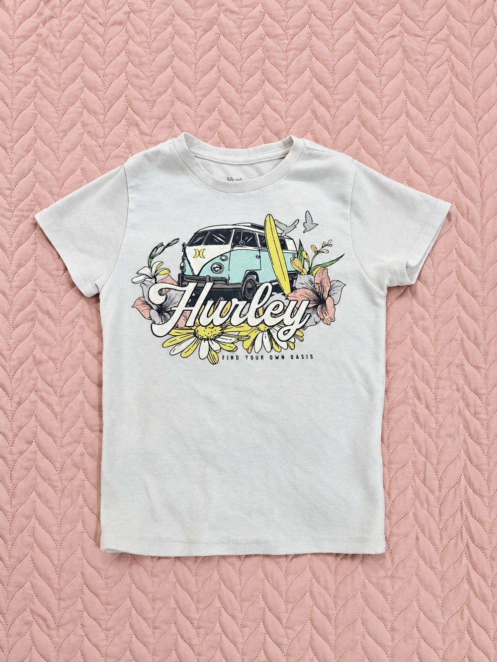 Hurley White Tee with Surf Camper and Floral Graphic